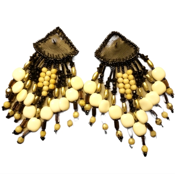 Vtg Leather/Beads Fringe Benefits Earrings - Picture 2 of 3